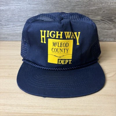 VINTAGE McLeod County Highway Dept Hat Cap Snap Back Blue Mesh Trucker Mens 80s - Image 1 of 4