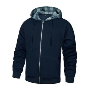 Men’s Plaid Full Zip Hoodies Long Sleeve Contrast Hooded XX-Large Blue - Picture 1 of 6