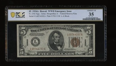 DBR 1934-A $5 FRN Hawaii Fr. 2302 PCGS-B 35 Serial L68744202A - Image 1 of 2