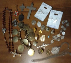 24 Religious Medal Crucifix Rosary Charm Bracelet Pendant Necklace Earring LOT - Picture 1 of 24