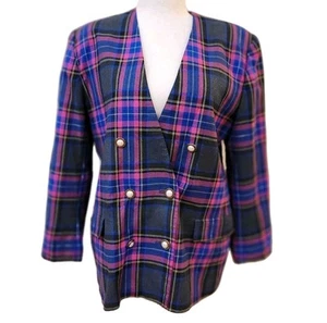 Vintage HBS Ltd Blazer Womens 16 Jacket Plaid Purple Clown 80s Suit Academia 90s - Picture 1 of 24