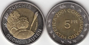 SUIZA BIMETÁLICO 5 FRANCOS 2001 cuerdas UNC - Imagen 1 de 2