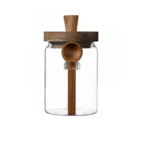 Glass Jar With Wooden Lid & Spoon 20.3oz Food Storage Containers Coffee Jar Coff - Picture 1 of 7