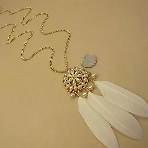 Women BOHO Feather Pearl DREAM CATCHER Retro Bohemian Beach Necklace Long Chain - Picture 1 of 8
