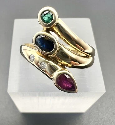 🟦🟥🟩 💎 CADEAUX Ring• Saphire Smaragd • Diamant • 585.Gelbgold 14K • DE 50/10• - Bild 1 von 4