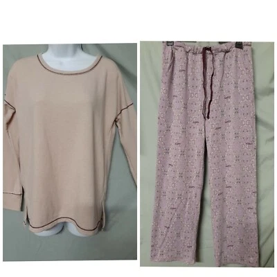 Cuddl Duds Tan Purple Pajama Set  Long Pant Long Sleeve X-Small 40" BUST   - Image 1 of 4