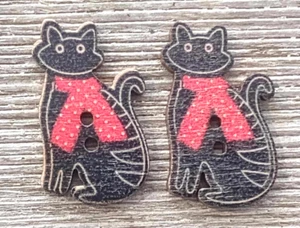 2 Black Cat Red Scarf Buttons Sewing Crafting Wood 2 Hole 1 1/8" - Picture 1 of 2