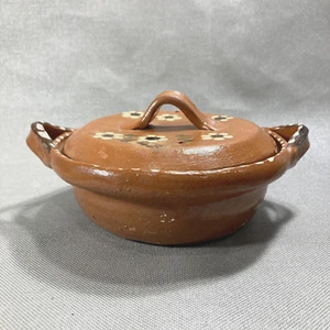 Mexican Terra Cotta Pottery Casserole Lidded Lid Handles Painted Flowers 7in - Imagen 1 de 8