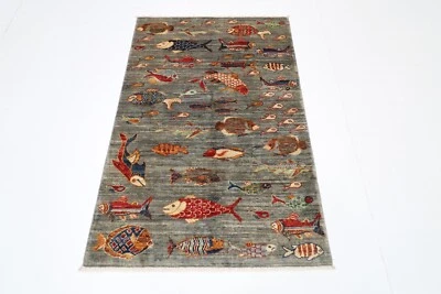 3 x 5 英尺鱼灰色小地毯阿富汗传统手工编织羊毛东方地毯 — 第 1/4 张图片