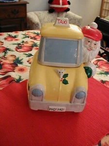 VINTAGE LOTUS CERAMIC SANTA CLAUS IN YELLOW TAXI COOKIE JAR CANISTER 1989 10" - Picture 1 of 12