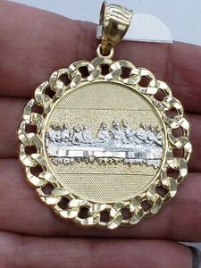 round Solid 10k gold last supper pendant charm 1.90 inches 2 tone cuban link - Picture 1 of 9