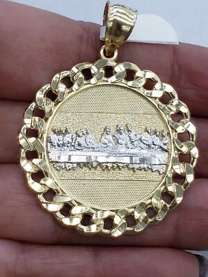 round Solid 10k gold last supper pendant charm 1.90 inches 2 tone cuban link - Image 1 of 4
