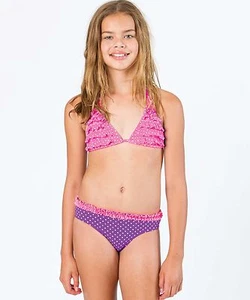 BILLABONG DOT TRIANGLE BIKINI HALTER RUFFLE SWIMSUIT PINK PURPLE SMALL 4 NEW $49 - Picture 1 of 1