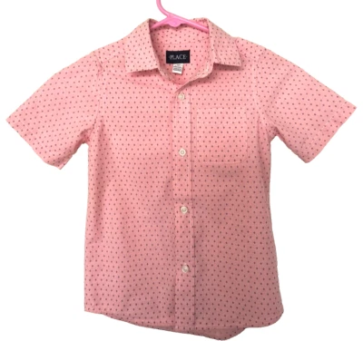 Place Shirt Boys Size Small 5/6 Pink w Blue Fleur dis Lis Button Front Cotton - Image 1 of 4