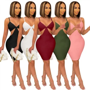 Women Solid Color Hollow Out Bodycon Club Party Evening Package Hips Slip Dress - Picture 1 of 17