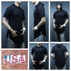 Men Long T-Shirt Ripped Hoodie Extended Vintage Thrasher Urban Casual Tee Black - Picture 1 of 5