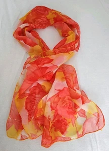 Sciarpa chiffon moda avvolgente trasparente arancione giallo floreale donna stampa morbida - Foto 1 di 7