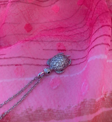 Gemstone Encrusted Sea Turtle Zircon & Sterling Silver Necklace 18” - Image 1 of 4