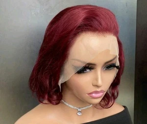 100% BRAZILIAN HUMAN HAIR LACE FRONT GLUELESS 8"BOB WIG STRAIGHT BURGUNDY - Picture 1 of 6