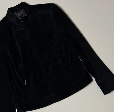 Valerie Stevens Suede Bomber Jacket Size M Black Lined Full Zip Coat Zip Pockets - Image 1 of 4