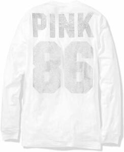 Victoria’s Secret Pink Long Sleeve White Silver Bling 86 Campus Tee NWT