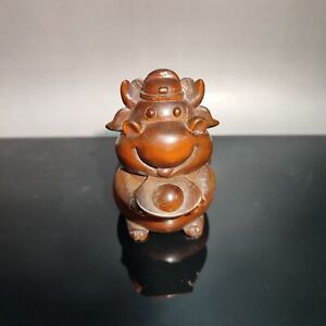 vintage cute pig statue asian wood carving carved birthday children gift wooden