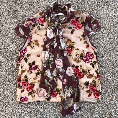 Alice + Olivia Blouse Jeannie Bow Collar Womens Floral Rose Silk Viscose Blend - Image 1 of 4