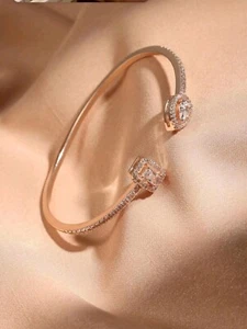 Top Rose Gold Plated Adjustable Cubic Zirconia CZ Drop Square Round Cuff Bangle - Picture 1 of 3