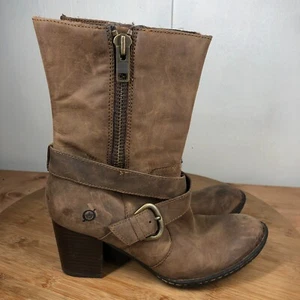 Born Boots Womens 9 Brown Leather Zip Up Block Heels Casual Harness Classic - Picture 1 of 12
