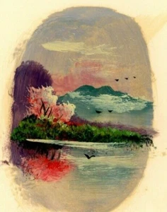 Japanese Hand Painted Christmas New Year Card Cord Tree Mountain Church VTG JG2 - Picture 1 of 4