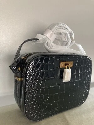Kurt Geiger Brixton Black Reptile / Croc Embossed Patent Leather Crossbody Bag - Image 1 of 4