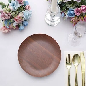 6 Brown 8 in Round Disposable Heavy Duty Plastic PLATES Wood Grain Design Party - Picture 1 of 9