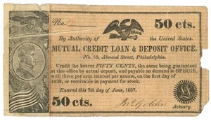 Billete de 50c de la oficina de préstamos y depósitos de crédito mutuo de 1837, Filadelfia, PA (59986) - Imagen 1 de 2