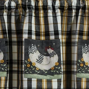 New Farmhouse Black Mustard FOLK ART CHICKEN VALANCE Curtain Topper - Picture 1 of 2
