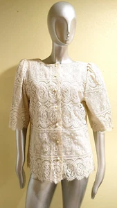 Chaqueta de encaje vintage años 80 estilo victoriano manga corta abullonada crema talla mediana - Imagen 1 de 6