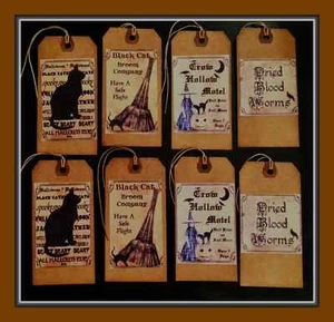 SPOOKY VINTAGE LABELS - PRIMITIVE HALLOWEEN HANG TAGS - SET OF EIGHT - Picture 1 of 3