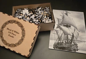 Old Clipper ship puzzle. Black & White wood puzzle with storage box. Crisp pic - Picture 1 of 3