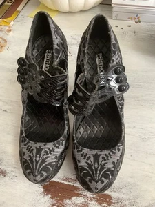 Penthouse High Heels Garbo Lace Pattern Fabric Black Gray Mary Jane Size 8 - Picture 1 of 5