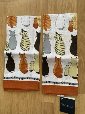 Pair Ulster Weavers Vtg. Cats In Waiting 100% Irish Linen Tea Towels Kitchen - Image 1 of 4