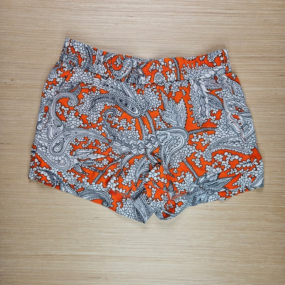 Pantalones Cortos J Crew Mujer Talla 00 Naranja Blanco Negro Estampado Paisley Informal Mezcla de Lino Foto 1 de 4