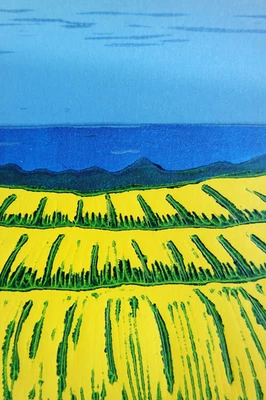 Farb-Linolschnitt „Rapsfeld am Meer“, Originaldruck, signiert T. Ehmke, 2025 - Bild 1 von 4