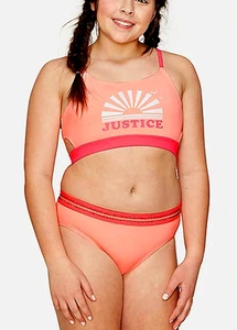 JUSTICE Swimsuit Girls Logo Sun Color Changing Bikini Tankini 7 S M Coral Pink - Picture 1 of 2