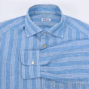 KITON Camicia elegante uomo lusso a righe blu 100% LINO - 16,5 - Foto 1 di 7