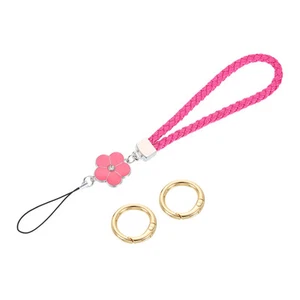 Wristlet Lanyard, 4.7" Leather Keychain Strap with Flower Charm, Rose Red - Zdjęcie 1 z 6