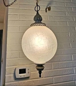 1968 Vintage Frosted Crackle Glass Ball Hanging Swag Lamp Beautiful - Picture 1 of 16