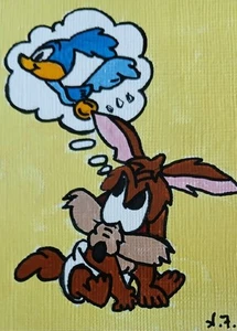 Baby Wile E Coyote &Road Runner ACEO ATC CARD ORIGINAL HAND PAINTED Signed OOAK - Picture 1 of 1