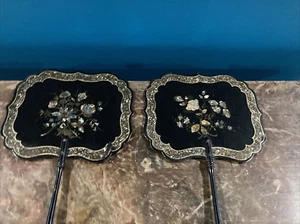 Elegant Pair (2) Antique Victorian Era Papier Mache Face Screens - Picture 1 of 19