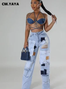 Women Streetwear Cargo Straight Denim Pocket Patchwork Wide Leg Jeans Pants 2024 - Picture 1 of 7