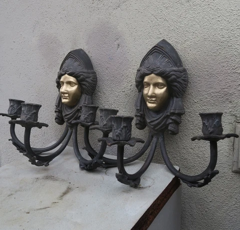 2 Bronze Brass candle Sconces LADY Face DECO Gothic Medieval French Spanish Cover