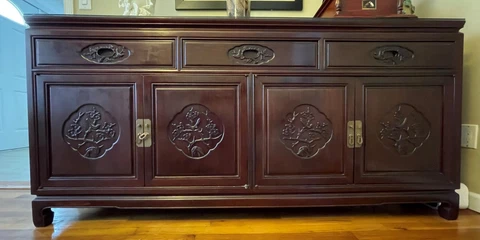 Vintage Oriental Chinese Solid Rosewood Sideboard Buffet Server Credenza, Glass Cover